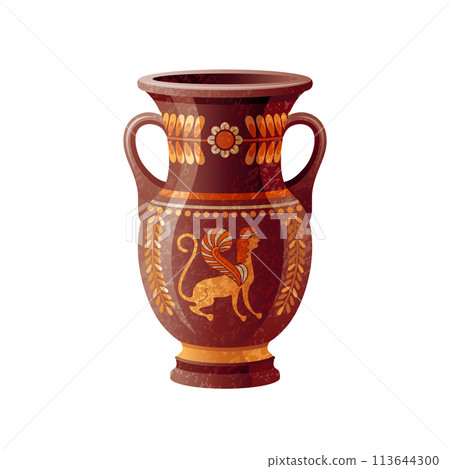 Greek vase. Ancient amphora with sphinx. Greek or roman vector pottery. Antique 3d clay vase for wine. Museum ceramic vessel. Old art from Athens, Rome, Greece. Ancient myth earthenware illustration 113644300