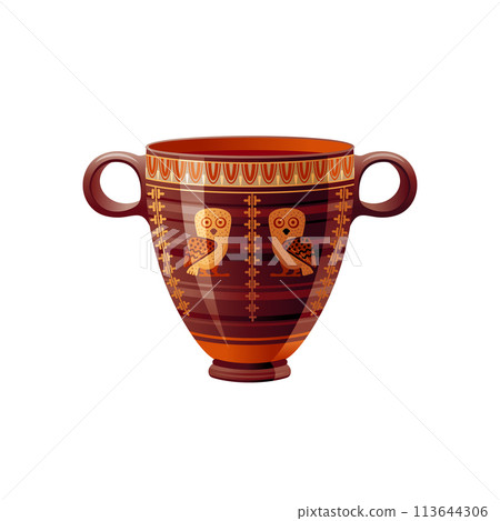 Ancient Greek vase. Pottery vector. Antique jug from Greece. Old clay amphora, pot, urn or jar for wine and olive oil. vintage ceramic icon isolated. Flat cartoon art with ornament decoration 113644306