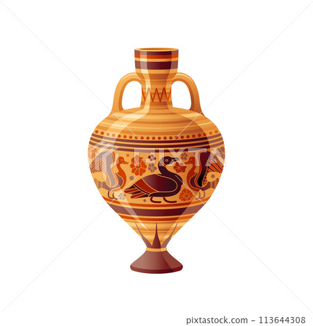 Ancient Greek vase. Pottery vector. Antique jug from Greece. Old clay amphora, pot, urn or jar for wine and olive oil. vintage ceramic icon isolated. Flat cartoon art with ornament decor, duck bird 113644308