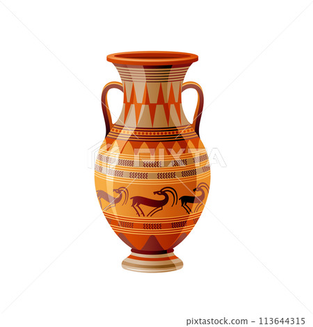 Ancient Greek vase. Pottery vector. Antique jug from Greece. Old clay amphora, pot, urn or jar for wine and olive oil. vintage ceramic icon isolated. Flat cartoon art with ornament decor, antelope Ancient Greek vase. Pottery vector. Antique jug from Greece. Old clay amphora, pot, urn or jar for wine and olive oil. vintage ceramic icon isolated. Flat cartoon art with ornament decor, antelope 113644315
