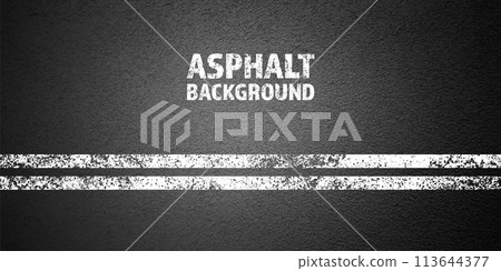 Asphalt road with white cracked lane marking, concrete highway surface, texture. Street traffic line, road dividing strip. Pattern with grainy structure, grunge stone background. Vector illustration 113644377