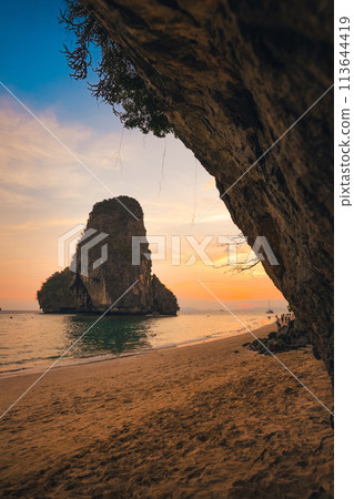 Sunset view of the sea and rocky mountains at Railay Beach,Travel summer 113644419
