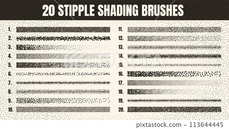 Stipple scatter brush, ink drawing and texturing. Fading gradient. Stippling, dotwork drawing, shading using dots. Halftone disintegration effect. White noise grainy texture. Vector illustration Stipple scatter brush, ink drawing and texturing. Fading gradient. Stippling, dotwork drawing, shading using dots. Halftone disintegration effect. White noise grainy texture. Vector illustration 113644445