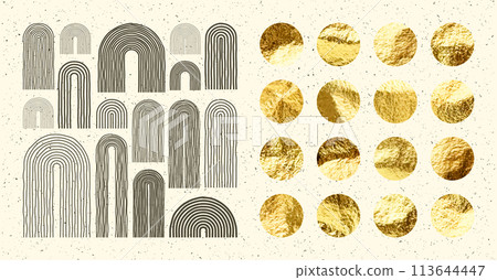 Mid century arch elements, modern geometric shapes. Gold foil, shiny handmade circles. Golden glittering texture, pattern. Contemporary design, minimalist art. Hand drawn lines. Vector illustration Mid century arch elements, modern geometric shapes. Gold foil, shiny handmade circles. Golden glittering texture, pattern. Contemporary design, minimalist art. Hand drawn lines. Vector illustration 113644447