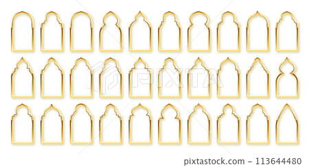 Islamic frames, oriental style. Golden arabic shapes, windows and arches. Traditional ornamental banner, frame. Muslim holidays, Ramadan Kareem. Modern eastern architecture. Vector illustration 113644480