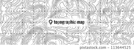 Topographic map with contour lines. Geographic terrain grid, relief height elevation. Ground path pattern. Travel and navigation, cartography design element. Vector illustration 113644525