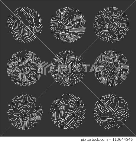 Topographic map with contour lines. Geographic terrain grid, relief height elevation. Ground path pattern. Travel and navigation, cartography design element. Vector illustration 113644546