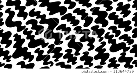 Pattern with abstract shapes. Vector blob liquid background. Black splash blob shape. Playful black white seamless. Y2k modern organic fluid bg. Irregular abstract pattern. Psychedelic liquid splash 113644759