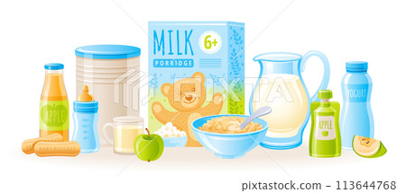 Baby food vector illustration. Milk porridge bowl with spoon, yogurt, juice bottle, apple fruit, puree box, kids biscuit icon set. Healthy nutrition baby food. 3d Complementary product illustration 113644768