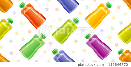 Baby food pattern. Plastic package seamless pattern. Vector doypack icons. Doy bottles. Nutrition feed illustration. Cute children pack for fruit, porridge, milk, vegetable. Canned baby meal pattern 113644770