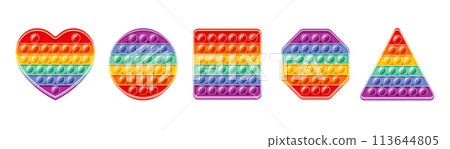 Fidget toy set. Popit sensory vector toy. Rainbow square popular pop it. 3d realistic antistress fidgeting toy. Bubble popit fidget vector. Heart, circle, square, hexagon honeycomb, triangle icon set Fidget toy set. Popit sensory vector toy. Rainbow square popular pop it. 3d realistic antistress fidgeting toy. Bubble popit fidget vector. Heart, circle, square, hexagon honeycomb, triangle icon set 113644805