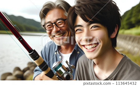 Japanese boy fishing with his grandfather on a lake 113645432
