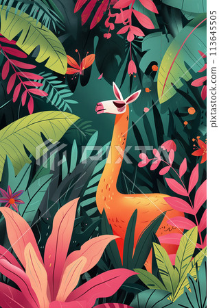 Colorful poster, placard with alpaca, llama in a tropical forest. Ai generated image 113645505