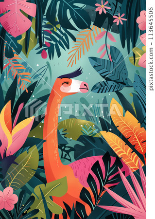 Colorful poster, placard with alpaca, llama in a tropical forest. Ai generated image Colorful poster, placard with alpaca, llama in a tropical forest. Ai generated image 113645506