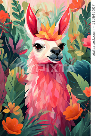 Colorful poster, placard with alpaca, llama in a tropical forest. Ai generated image 113645507