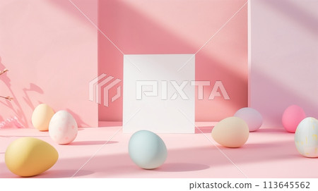 Easter eggs in chic display of pastel hues with geometric precision, offering contemporary 113645562