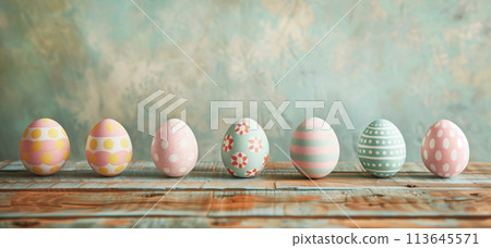 Vibrant collection of decorated Easter eggs sits upon rustic wooden plank Vibrant collection of decorated Easter eggs sits upon rustic wooden plank 113645571
