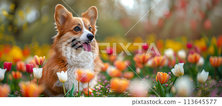 Cute funny dog in spring flowers, pink, white and yellow tulips. spring and summer season 113645577