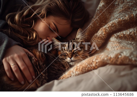 A cat is sleeping on a bed next to a person with Generative AI 113645686