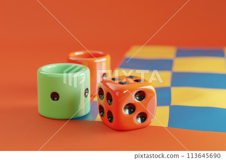 Three dice are sitting on a checkered table with Generative AI 113645690
