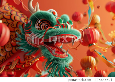A green dragon with red eyes and red mouth is surrounded by red lanterns with Generative AI 113645691