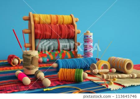 A colorful assortment of yarns and knitting supplies are displayed on a table with Generative AI 113645746