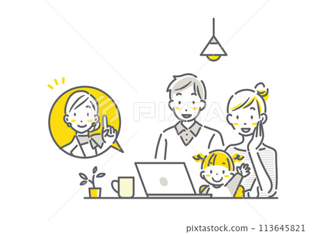 A young couple attending a webinar with their child. Simple and stylish line drawing illustration A young couple attending a webinar with their child. Simple and stylish line drawing illustration 113645821