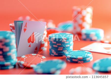A pile of poker chips and a card with a spade on it with Generative AI 113645857