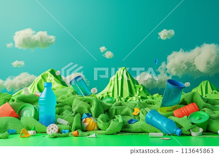 A field of flowers filled with plastic waste with a river running through it with Generative AI 113645863