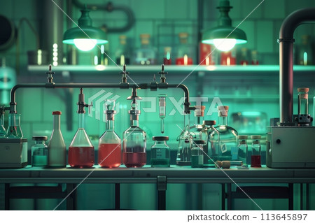A table with many glass bottles and vials of various sizes and colors in a science laboratory concept. with Generative AI 113645897