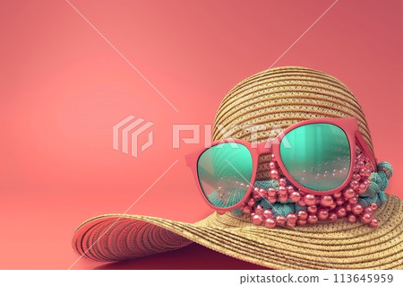 A pink straw hat with blue and pink beads on it sits on a pink background with Generative AI 113645959