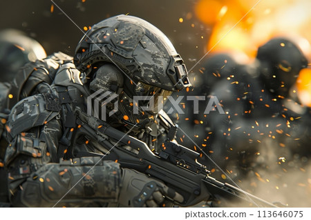 The modern soldier is crouching down and holding a rifle with Generative AI 113646075