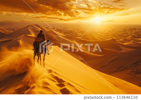 A man is riding a camel in the desert with Generative AI 113646110