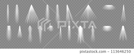 Spotlight. Light effect set. Glow white transparent light effect set lens flare glitter dust line sun flash. Spotlight. Light effect set. Glow white transparent light effect set lens flare glitter dust line sun flash. 113646250
