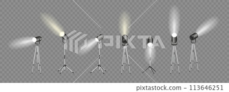Spotlights set, stage and studio light, realistic hanging lamps. Spot lights and searchlights for concert. Vector Spotlights set, stage and studio light, realistic hanging lamps. Spot lights and searchlights for concert. Vector 113646251