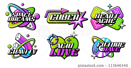 Retro acid Y2K logos with acid gradient colorful slogan and abstract futuristic elements 113646348