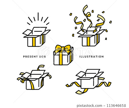 Illustration set of various gifts, simple, present, celebration, box, ribbon 113646658