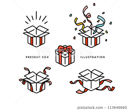 Illustration set of various gifts, simple, present, celebration, box, ribbon 113646660