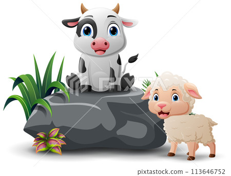 Cartoon baby cow and sheep sitting on the stone Cartoon baby cow and sheep sitting on the stone 113646752