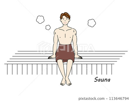 一個喜歡桑拿的清爽男人在桑拿房享受桑拿 Toto 桑拿男孩簡單插圖 113646794
