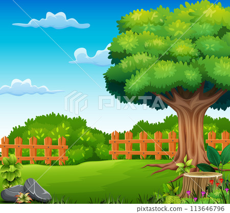 Nature landscape background with tree and fence Nature landscape background with tree and fence 113646796