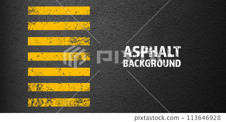 Asphalt road with yellow cracked lane marking, concrete highway surface, texture. Street traffic line, road dividing strip. Pattern with grainy structure, grunge stone background. Vector illustration 113646928