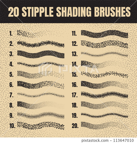 Stipple scatter brush, ink drawing and texturing. Fading gradient. Stippling, dotwork drawing, shading using dots. Halftone disintegration effect. White noise grainy texture. Vector illustration Stipple scatter brush, ink drawing and texturing. Fading gradient. Stippling, dotwork drawing, shading using dots. Halftone disintegration effect. White noise grainy texture. Vector illustration 113647010