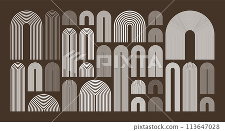 Mid century arch elements, modern geometric shapes. Contemporary design, minimalist art. Trendy design elements for wall decor, posters, books, covers and flyers. Vector illustration Mid century arch elements, modern geometric shapes. Contemporary design, minimalist art. Trendy design elements for wall decor, posters, books, covers and flyers. Vector illustration 113647028