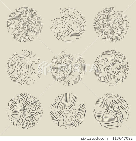 Topographic map with contour lines. Geographic terrain grid, relief height elevation. Ground path pattern. Travel and navigation, cartography design element. Vector illustration 113647082