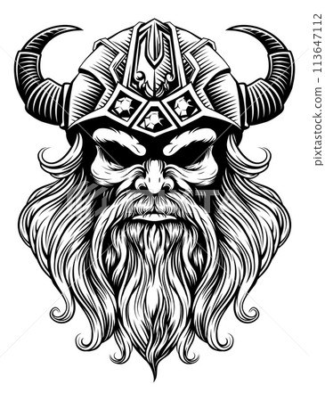 Viking Warrior Man Strong Mascot Face in Helmet 113647112