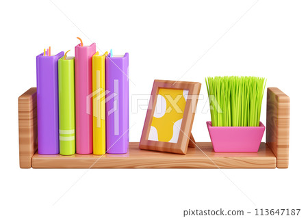 Book stack with hard cover standing and laying, and photo frame and plant in pot on wooden shelf. 3D render illustration of literature row on bookshelf with wood texture for reading and education. Book stack with hard cover standing and laying, and photo frame and plant in pot on wooden shelf. 3D render illustration of literature row on bookshelf with wood texture for reading and education. 113647187