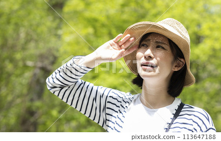炎熱的夏日陽光和戴草帽的女人 炎熱的夏日陽光和戴草帽的女人 113647188