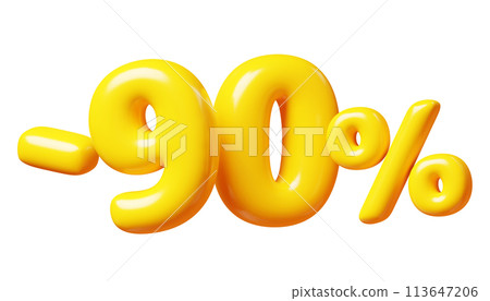 Balloon number minus ninety percent sign for sale concept. 3d render illustration of yellow plastic glossy discount typography -90. Cartoon bubble element percentage off for special offer promotion. Balloon number minus ninety percent sign for sale concept. 3d render illustration of yellow plastic glossy discount typography -90. Cartoon bubble element percentage off for special offer promotion. 113647206