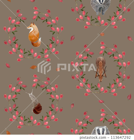 Forest animals: stag, fox, badger, snail rose-hip wreath watercolor seamless pattern on grey. Hand drawn high quality art in simple style for woodland kids designs, textile, decor stickers and cards 113647292